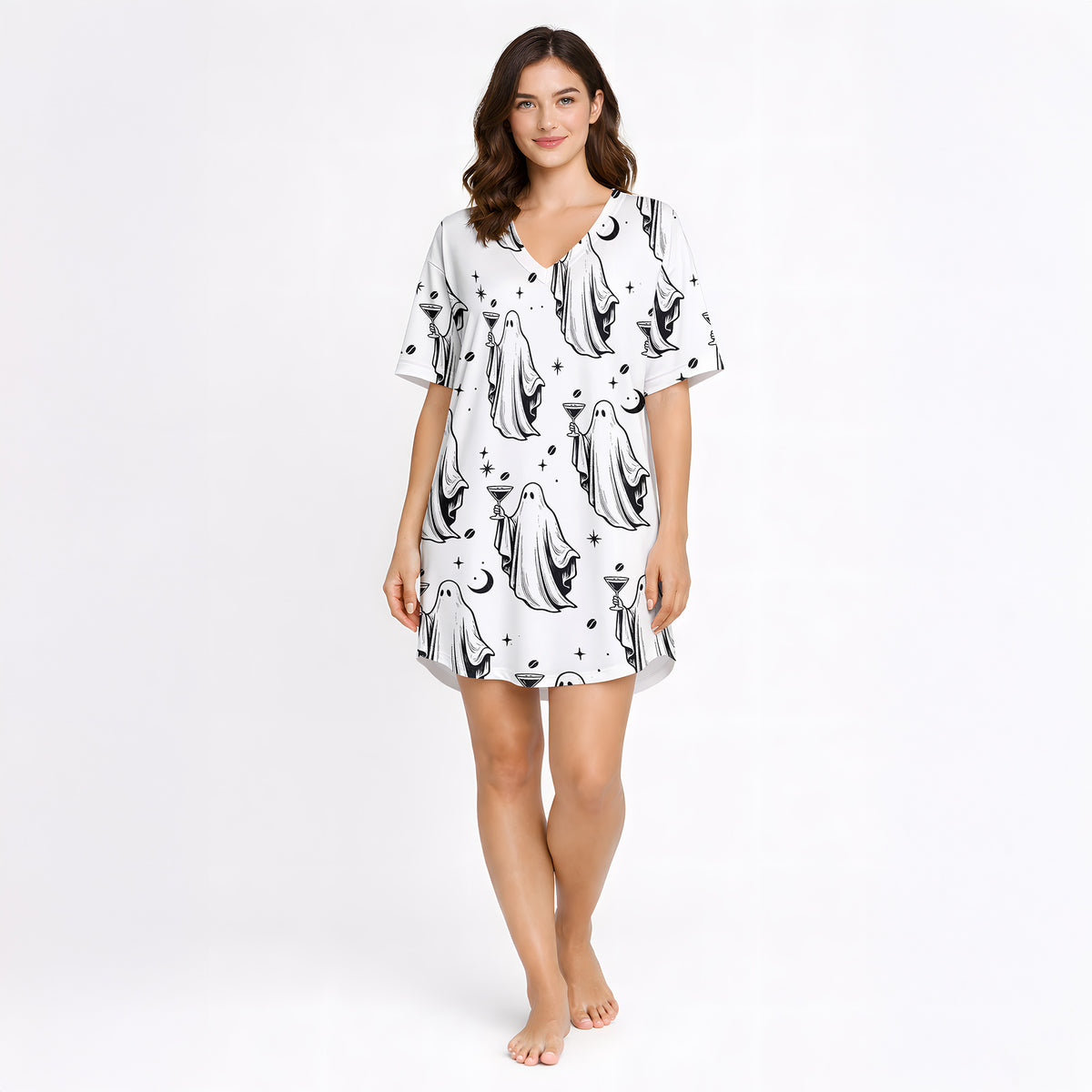 Spooky Sips Women's V-Neck Short Sleeve Nightgown