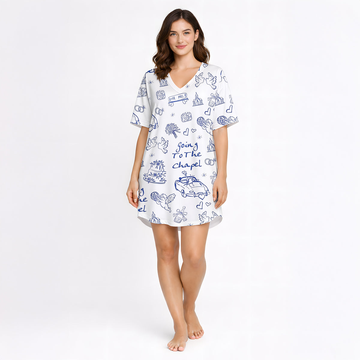 Women's short sleeve button down pajama set with shorts featuring a blue and white wedding doodle pattern including chapels, wedding cars, rings, doves, cakes, and 'Going To The Chapel' text.