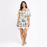 Women's pajama set featuring a vibrant watercolor Italian travel pattern with Pisa, Colosseum, Vespa, gondola, pizza, pasta, wine, and gelato on soft knit fabric.