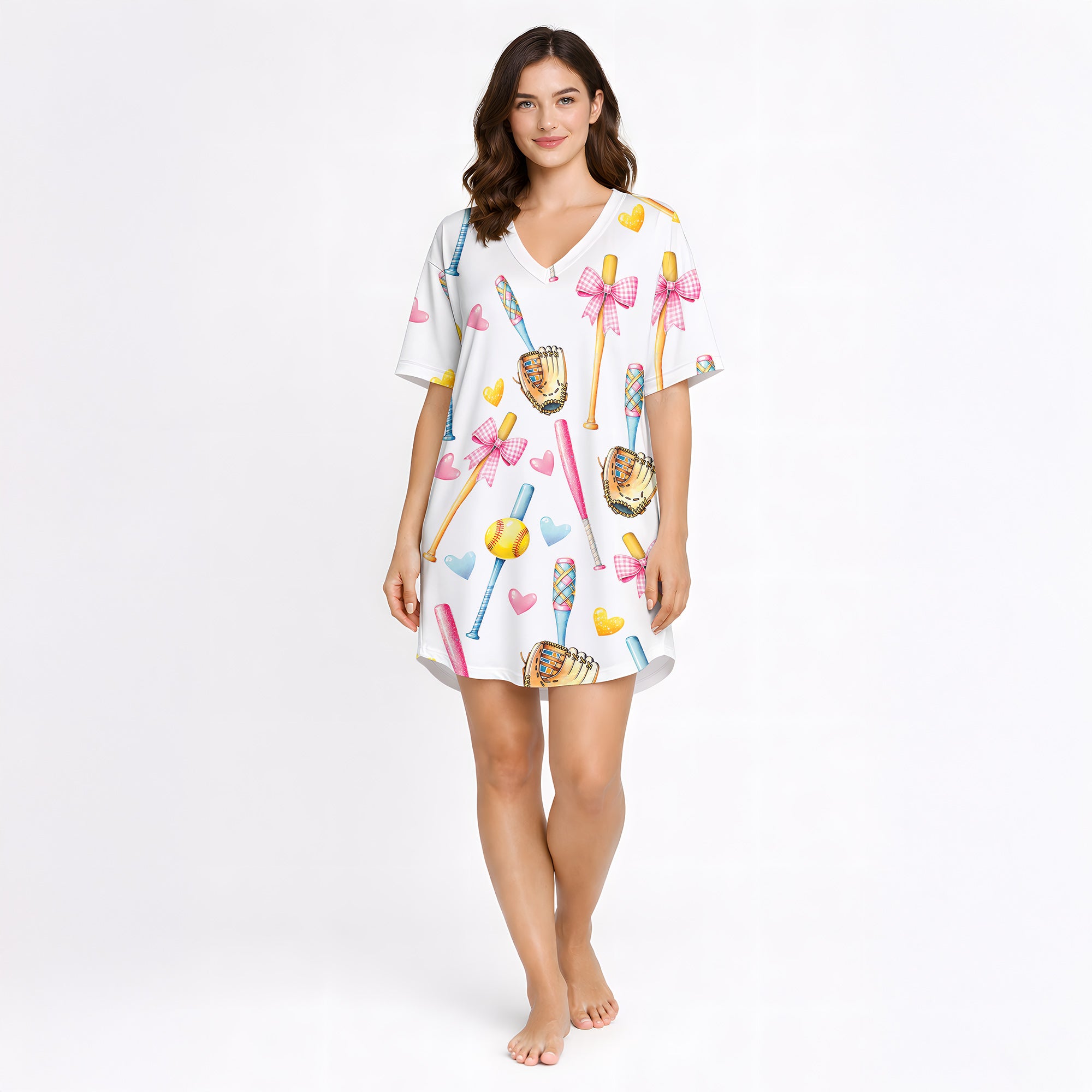 Women's pajama set featuring a cute watercolor print of pink and blue baseball bats, yellow softballs, brown gloves, and scattered hearts on a white background.