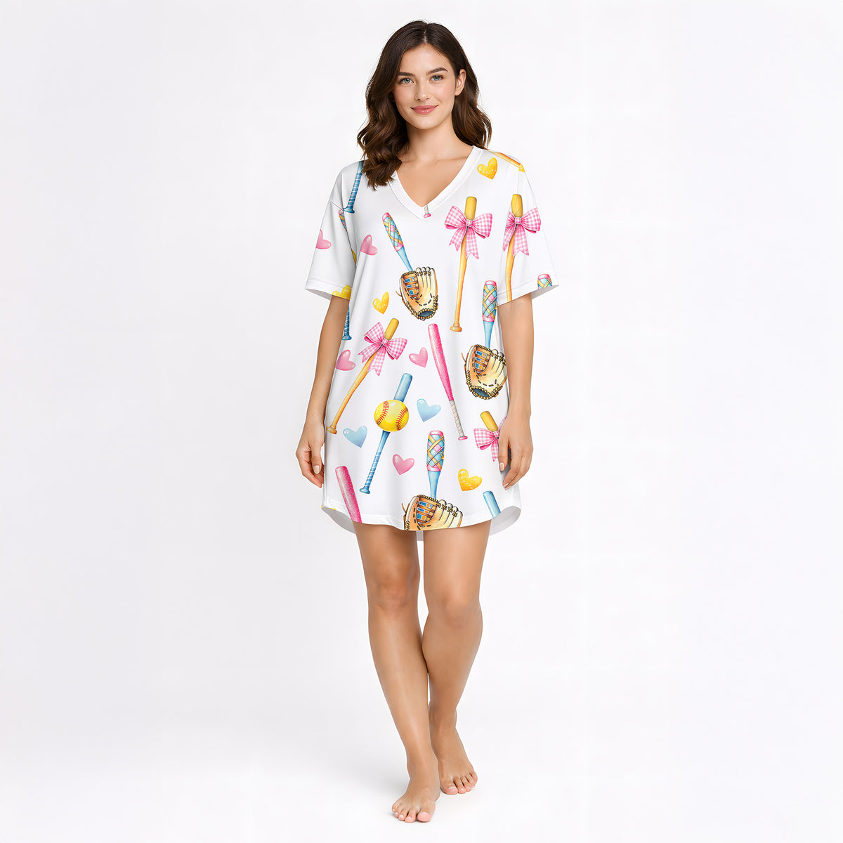 Women's pajama set featuring a cute watercolor print of pink and blue baseball bats, yellow softballs, brown gloves, and scattered hearts on a white background.