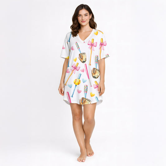 Women's pajama set featuring a cute watercolor print of pink and blue baseball bats, yellow softballs, brown gloves, and scattered hearts on a white background.