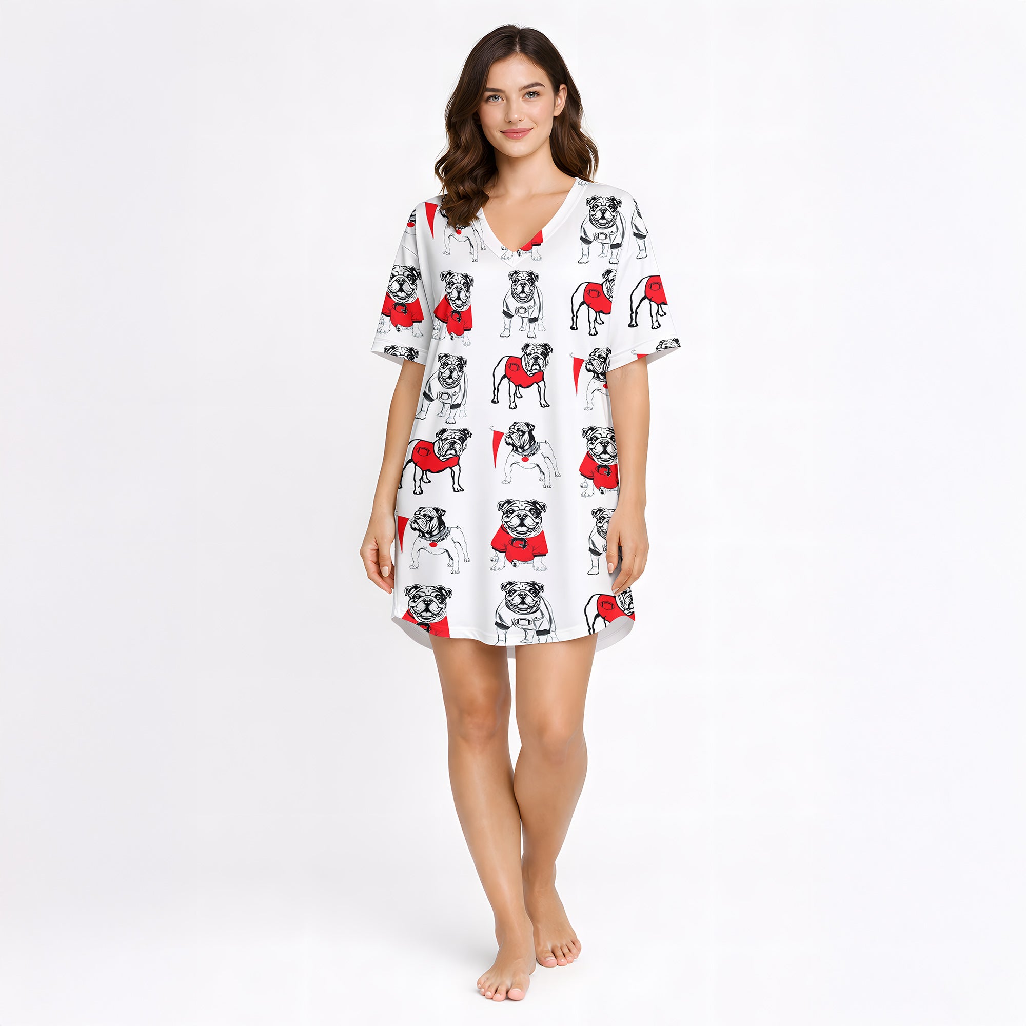 Women's pajama set with a repeating pattern of cute cartoon bulldogs wearing red sweaters on a white background, perfect for dog lovers.