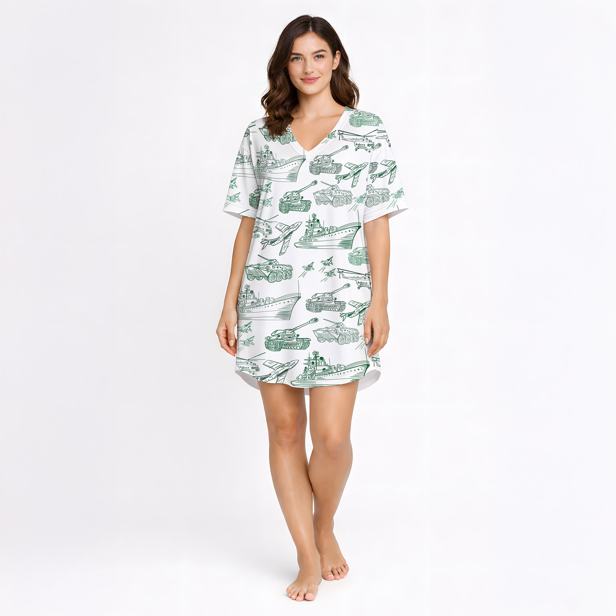 Women's pajama set featuring a unique green sketch pattern of military vehicles including tanks, warships, fighter jets, and helicopters on a white background, perfect for comfort and style.