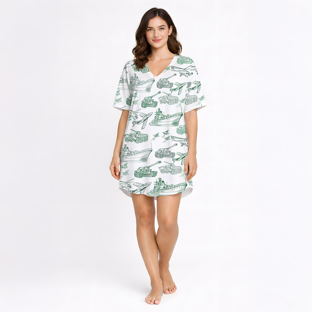Women's pajama set featuring a unique green sketch pattern of military vehicles including tanks, warships, fighter jets, and helicopters on a white background, perfect for comfort and style.