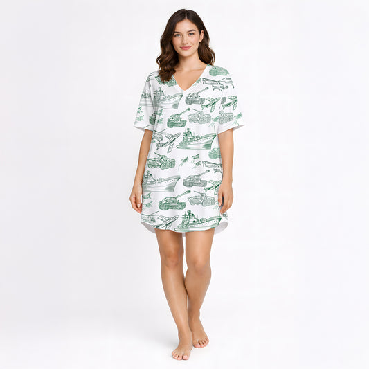 Women's pajama set featuring a unique green sketch pattern of military vehicles including tanks, warships, fighter jets, and helicopters on a white background, perfect for comfort and style.
