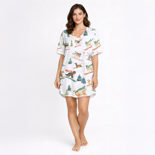 Women's Nightgown - V-Neck Short Sleeve | Winter Dog Adventures