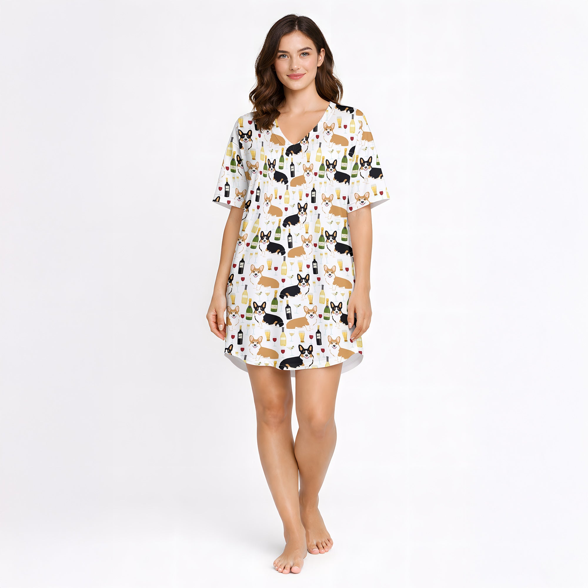 Women's pajama set featuring a fun and whimsical pattern of cute corgi dogs, wine bottles, wine glasses, beer glasses, and martini cocktails on a white background, perfect for pet lovers and relaxation.