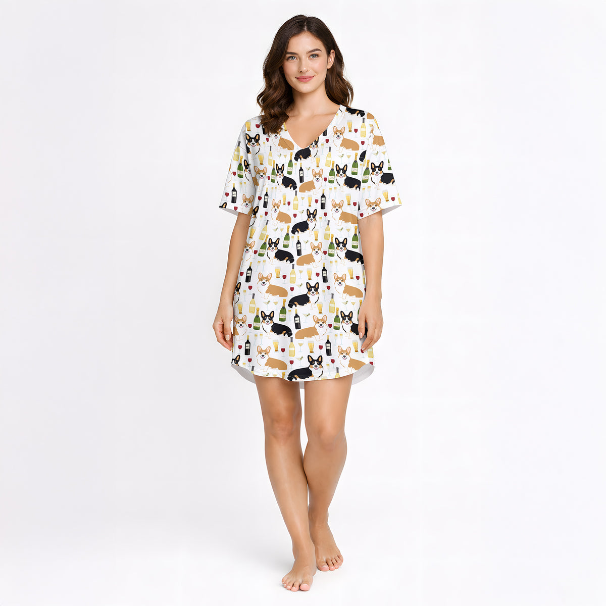 Women's pajama set featuring a fun and whimsical pattern of cute corgi dogs, wine bottles, wine glasses, beer glasses, and martini cocktails on a white background, perfect for pet lovers and relaxation.