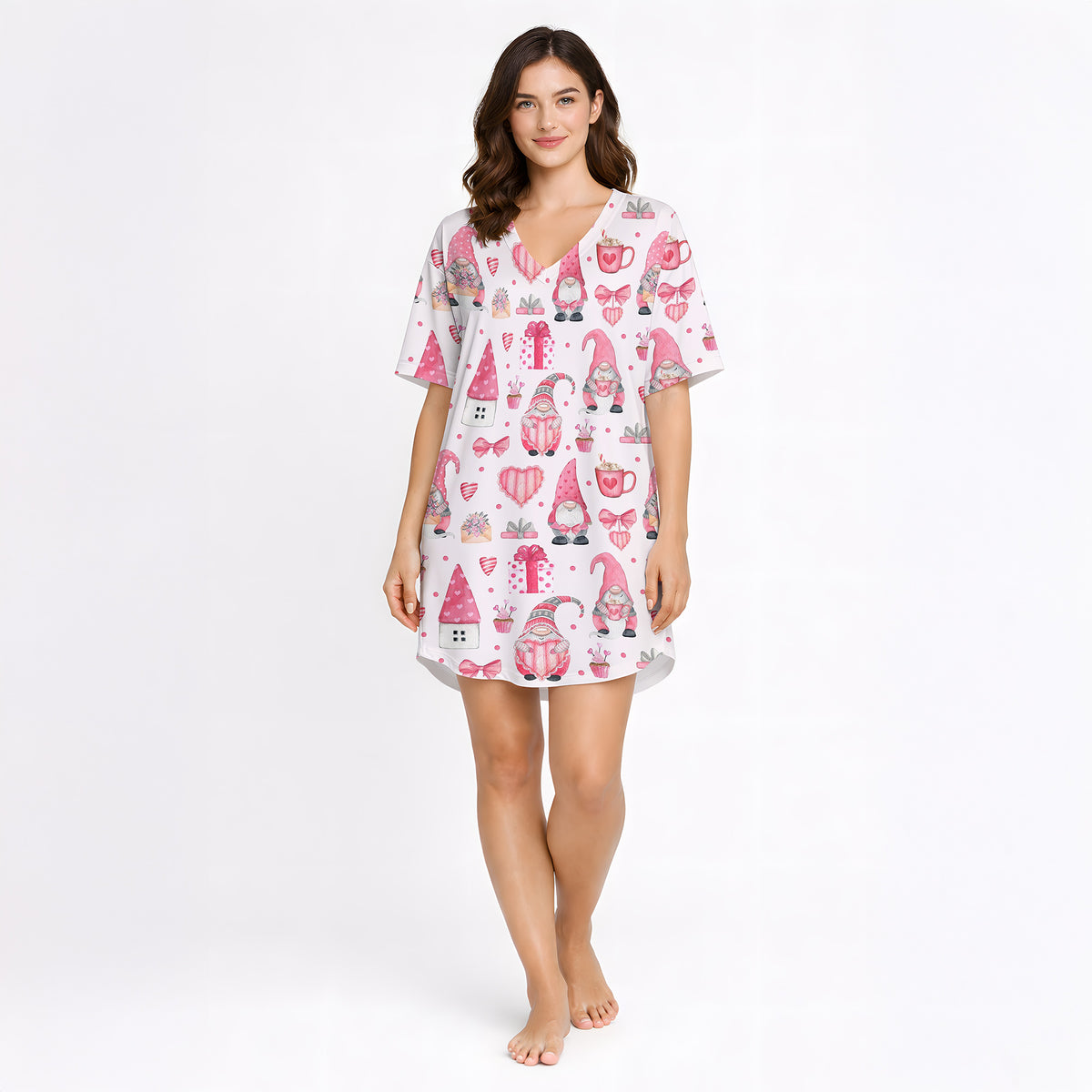 Women's pajama set featuring a charming pink and white watercolor gnome and heart pattern, perfect for Valentine's Day or cozy lounging.