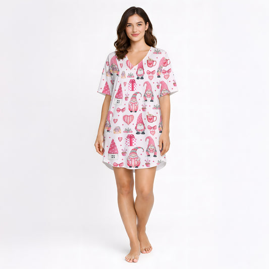 Women's pajama set featuring a charming pink and white watercolor gnome and heart pattern, perfect for Valentine's Day or cozy lounging.