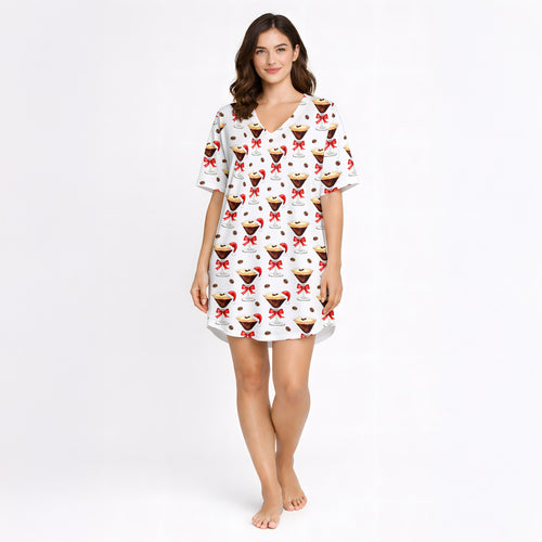 Women's pajama set featuring a festive pattern of espresso martinis with Santa hats and red bows, surrounded by coffee beans on a white background.