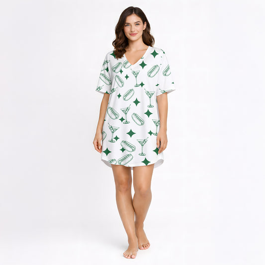 White pajama set with green hot dog, martini glass, and diamond pattern, short sleeve button-down top and shorts, soft knit fabric.