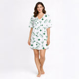 White pajama set with green hot dog, martini glass, and diamond pattern, short sleeve button-down top and shorts, soft knit fabric.