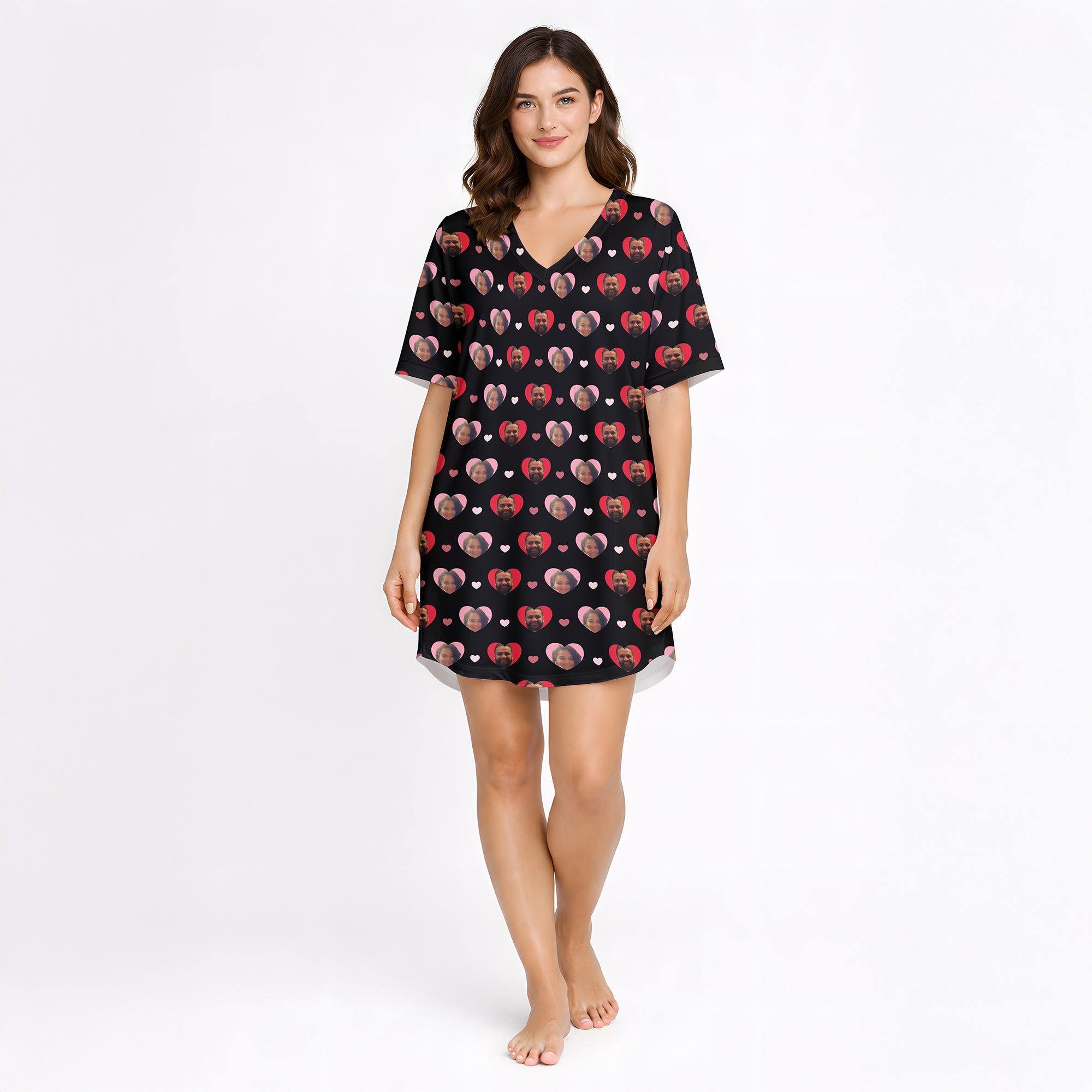Personalized custom face heart pattern pajamas for women, featuring red, pink, and white hearts on a black background, available in various knit sleepwear styles including long sets, short sets, and nightgowns.