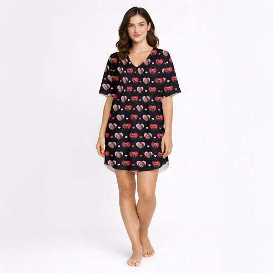 Personalized custom face heart pattern pajamas for women, featuring red, pink, and white hearts on a black background, available in various knit sleepwear styles including long sets, short sets, and nightgowns.