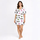 Women's pajama set featuring a 'Wicked' themed pattern with witch hats, pink bows, green bows, and pink dresses on a light background, made from soft knit fabric.