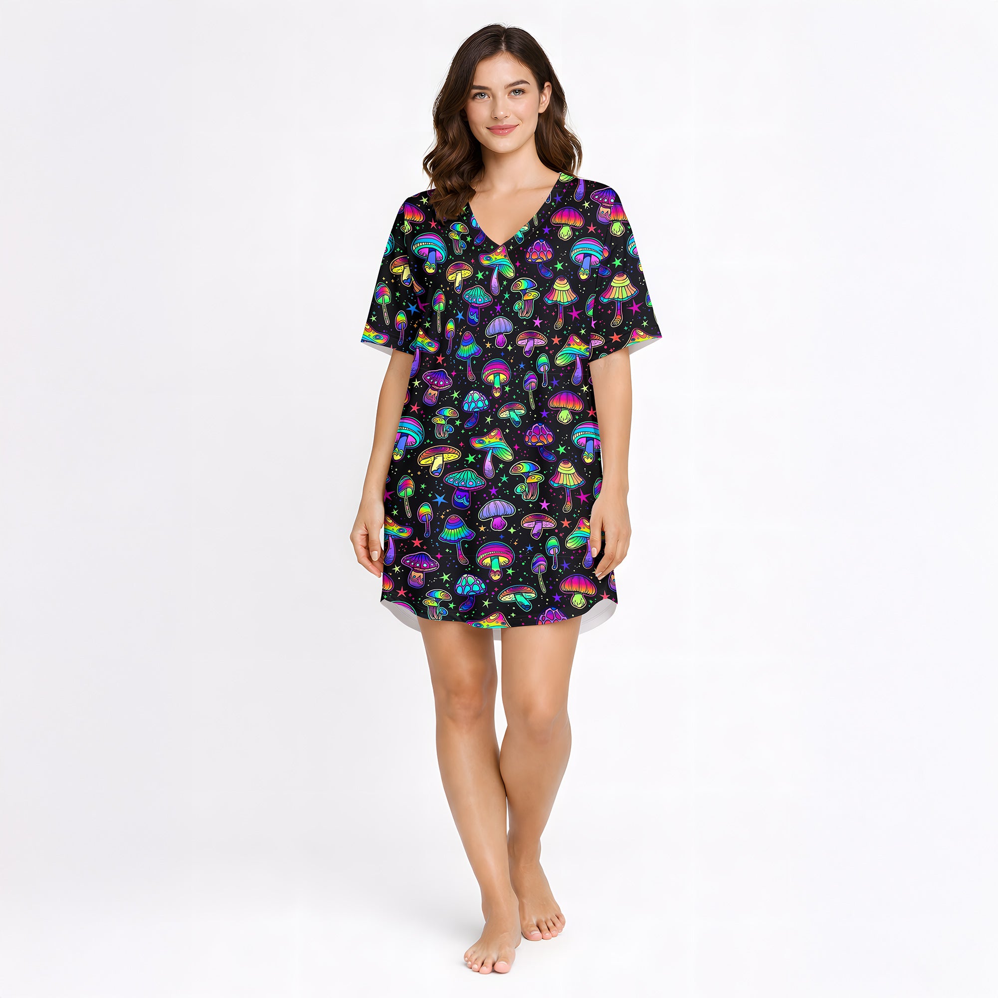 Women's pajama set featuring a vibrant, psychedelic mushroom and star pattern on a black background, showcasing colorful fungi in various shapes and sizes.