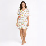 Women's Nightgown - V-Neck Short Sleeve Knit Italian Print