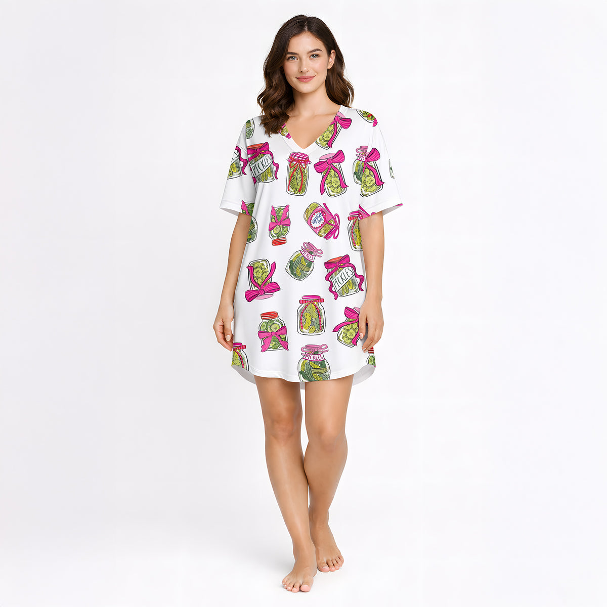 Women's pajama set featuring a fun all-over pickle jar print with pink bows, made from soft knit fabric. Includes a short sleeve button-down top and matching shorts.