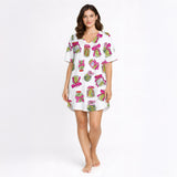 Women's pajama set featuring a fun all-over pickle jar print with pink bows, made from soft knit fabric. Includes a short sleeve button-down top and matching shorts.