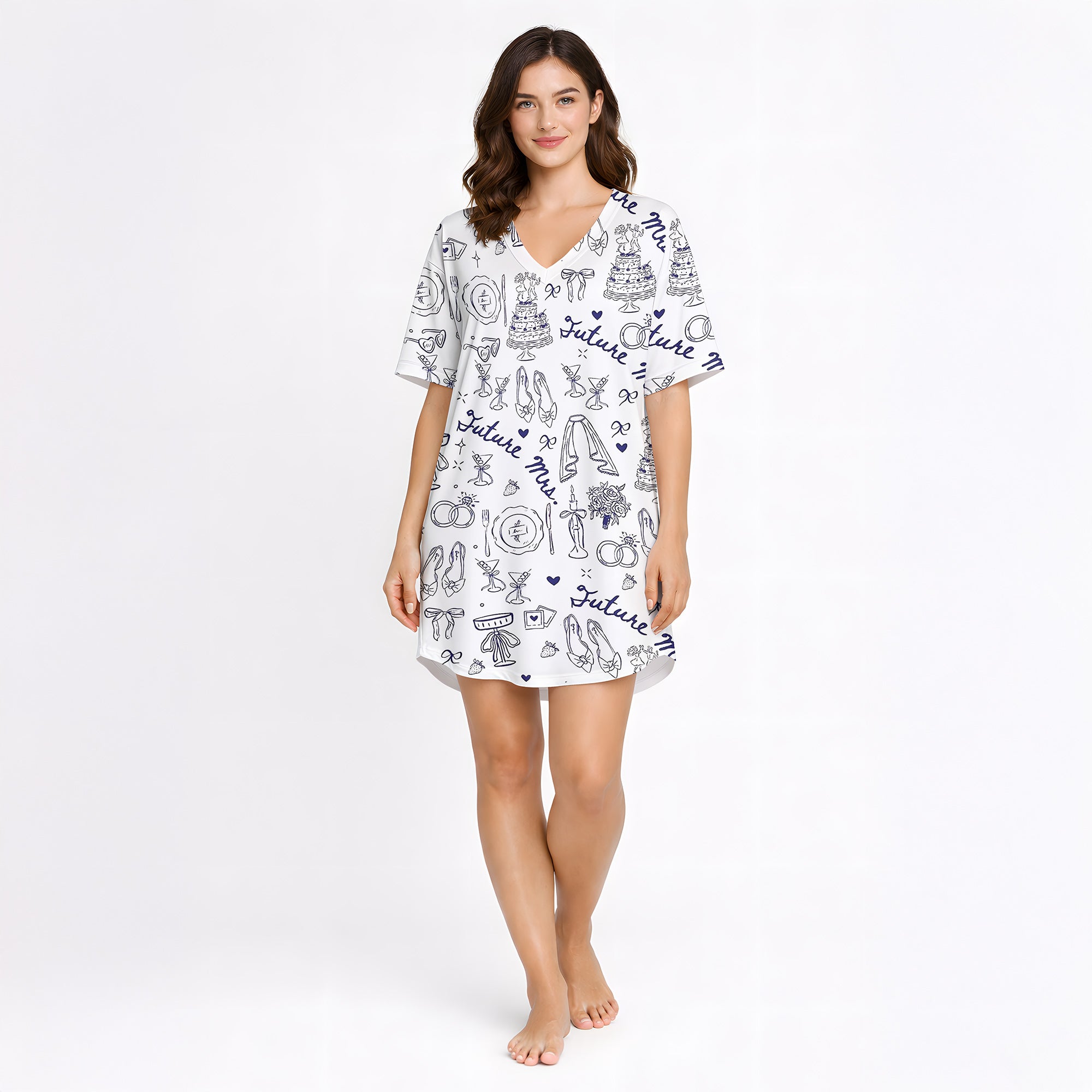 White knit pajamas with a blue or red bachelorette themed doodle pattern including 'Future Mrs.' text, wedding cakes, rings, and champagne glasses.