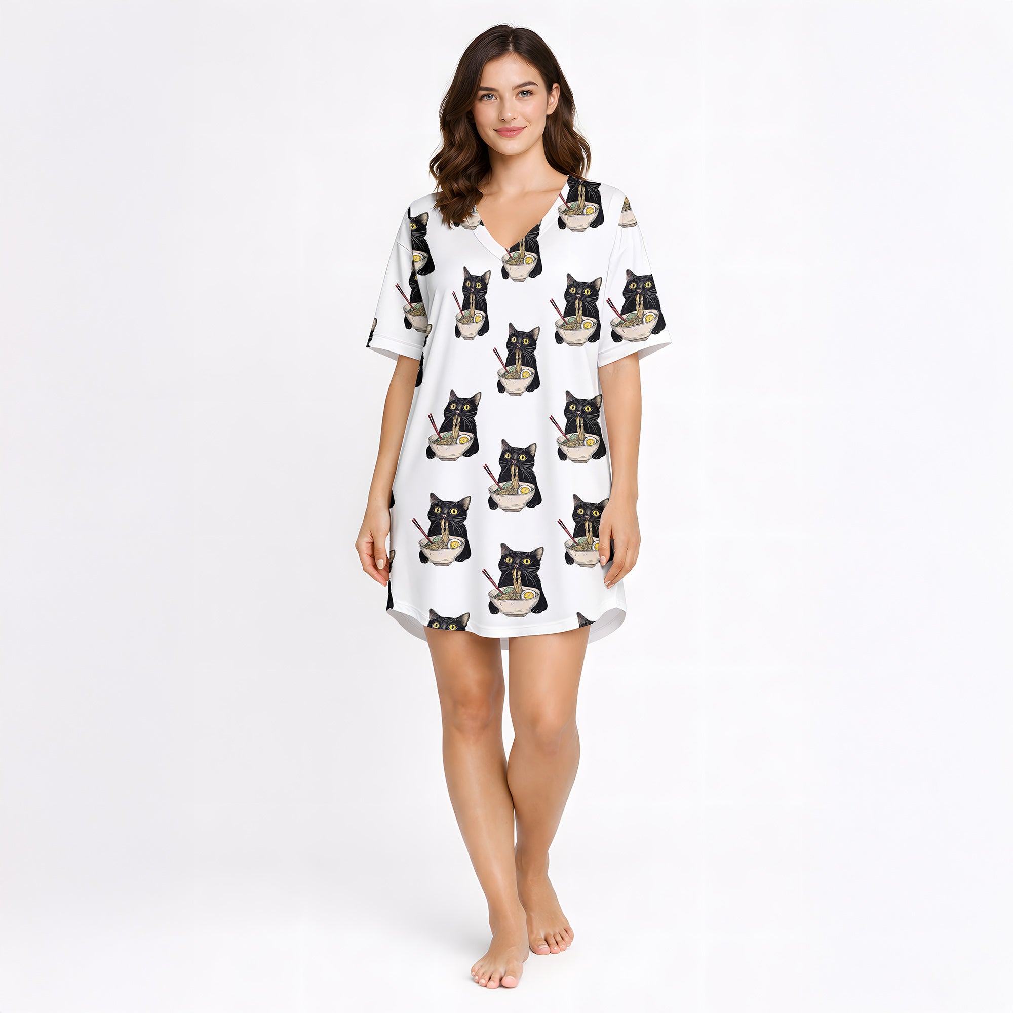 Women's pajama set featuring an all-over print of cute black cats eating ramen noodles, perfect for cat lovers and foodies.