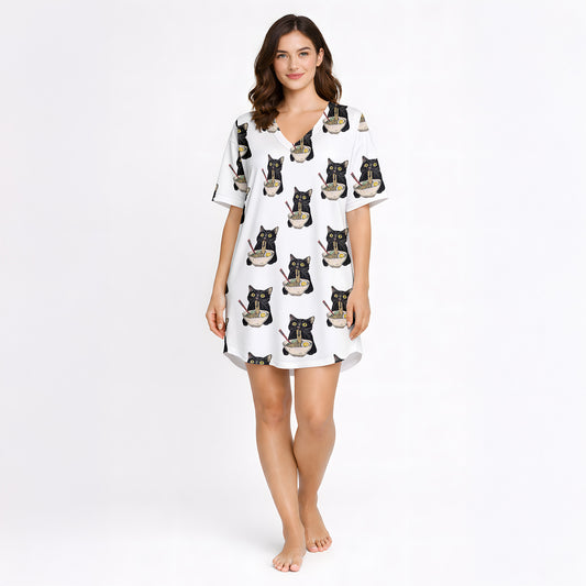 Women's pajama set featuring an all-over print of cute black cats eating ramen noodles, perfect for cat lovers and foodies.