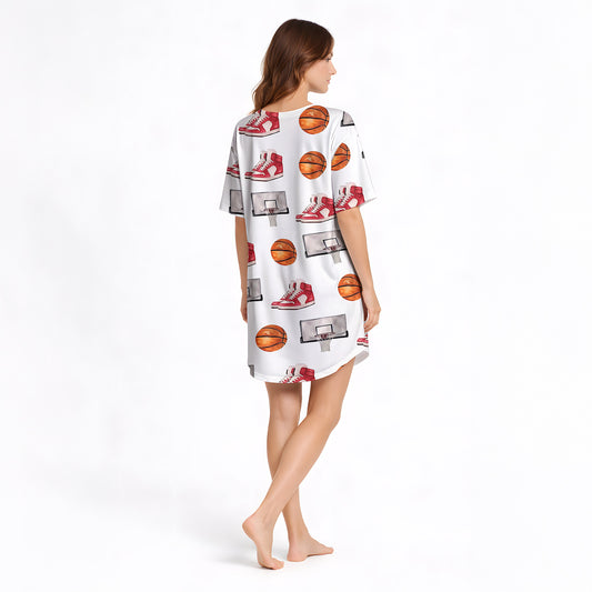 Women's Nightgown - V-Neck Short Sleeve - Hoops & Dreams Print