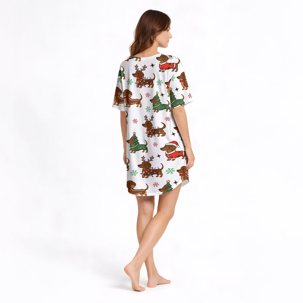 Women's Nightgown - V-Neck Short Sleeve - Dachshund Holiday Dreams
