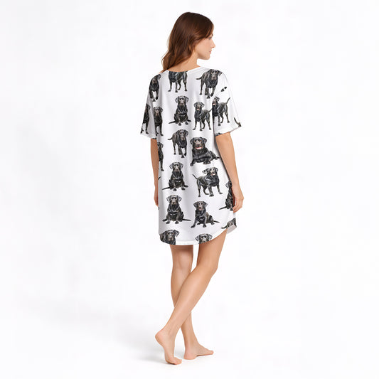 Women's Nightgown - V-Neck Short Sleeve [KNIT] with Black Lab Print