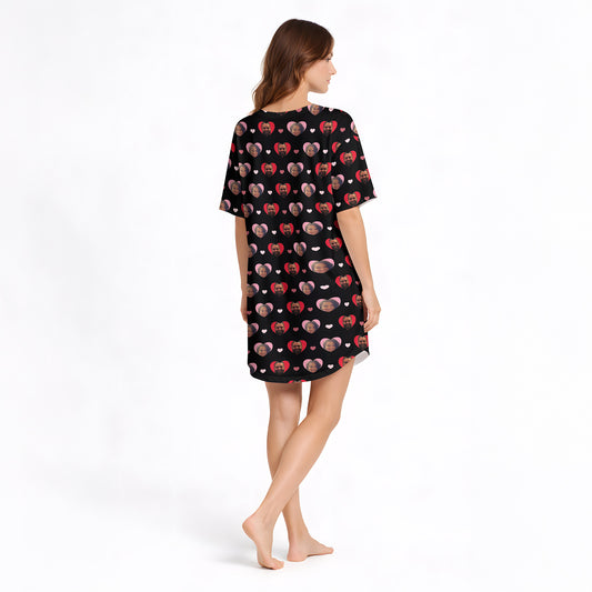 Women's Nightgown - V-Neck Short Sleeve: Heartfelt Faces Custom Comfort