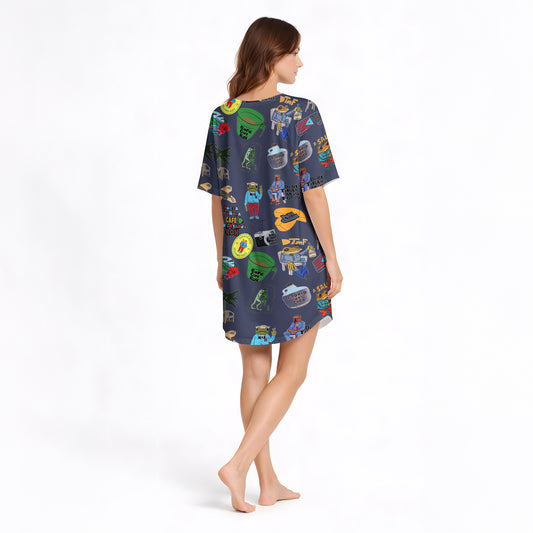 Tropical Rhythm Dreams: Women's Nightgown - V-Neck Short Sleeve Knit