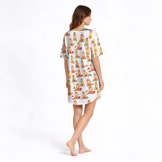 Comfy Golden Retriever Women's Nightgown - V-Neck Short Sleeve