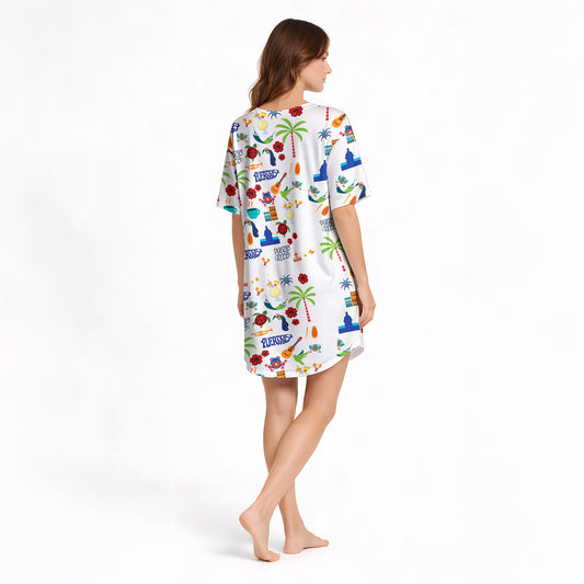 Women's Nightgown - V-Neck Short Sleeve [KNIT] - Puerto Rico Paradise