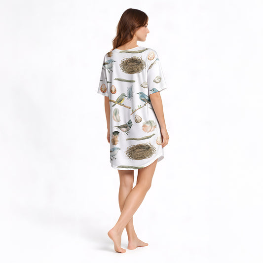 Women's Nightgown - V-Neck Short Sleeve KNIT - Birdsong Dreams Print