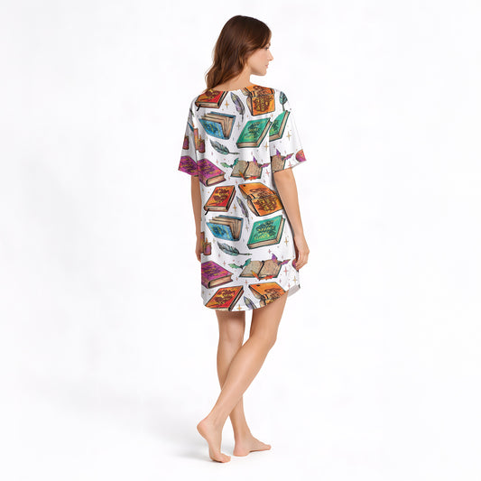 Women's Nightgown - V-Neck Short Sleeve | Enchanted Library Print