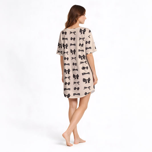 Chic Bow Dreams: Women's Nightgown - V-Neck Short Sleeve