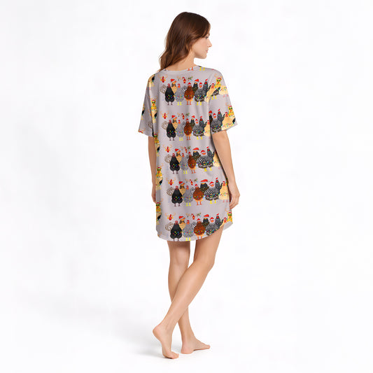 Women's Nightgown - V-Neck Short Sleeve - Festive Christmas Chickens