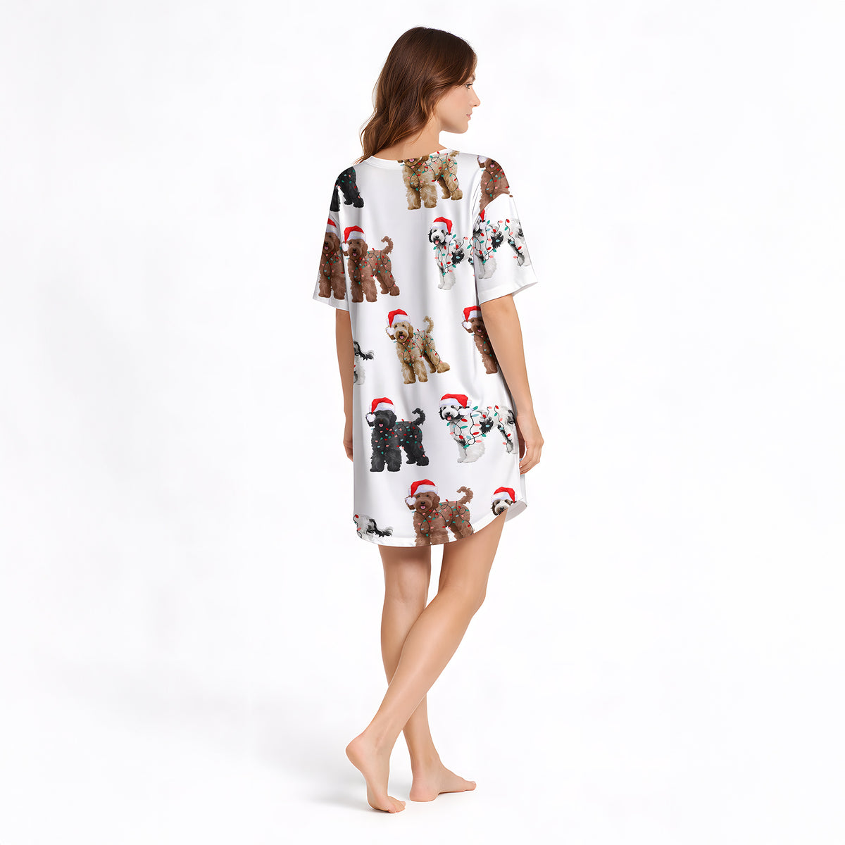 Women's V-Neck Short Sleeve Nightgown - Festive Dog Print