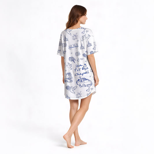 Romantic Wedding Doodle Women's Nightgown - V-Neck Short Sleeve