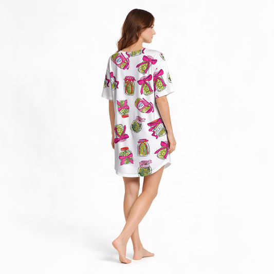 Women's Nightgown - V-Neck Short Sleeve Knit Pickle Print