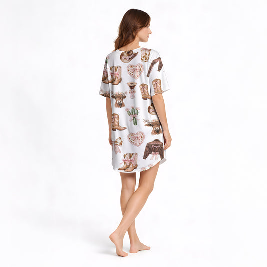 Women's Nightgown - V-Neck Short Sleeve [KNIT] | Cowgirl Charm