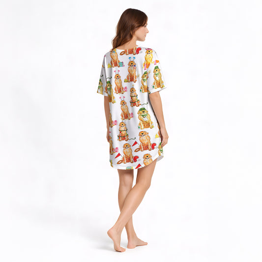 Women's Nightgown - V-Neck Short Sleeve with Golden Retriever Print