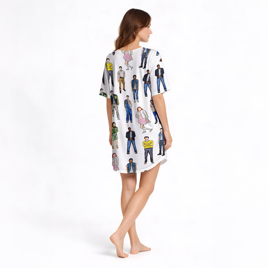 Retro Style Squad Women's Nightgown - V-Neck Short Sleeve Knit