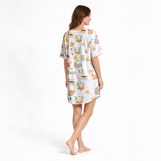 Women's Nightgown - V-Neck Short Sleeve Knit Italian Print