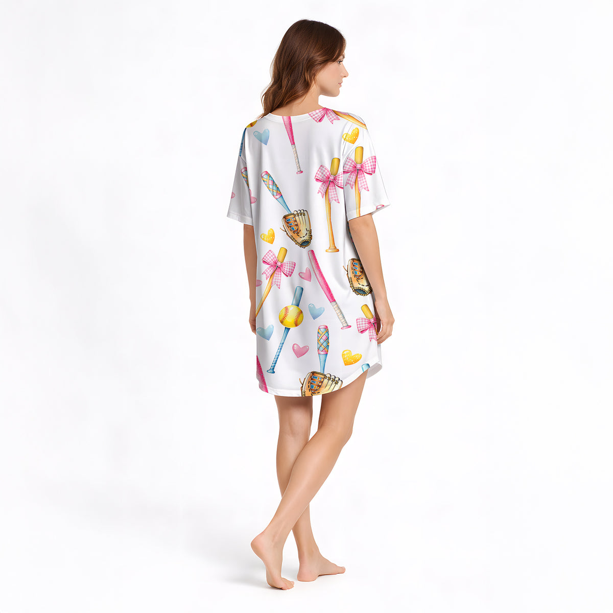 Women's V-Neck Short Sleeve Nightgown - Sporty Hearts Print