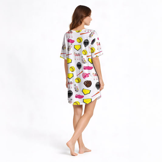Women's Nightgown - V-Neck Short Sleeve: Softball Dreams Sleepwear