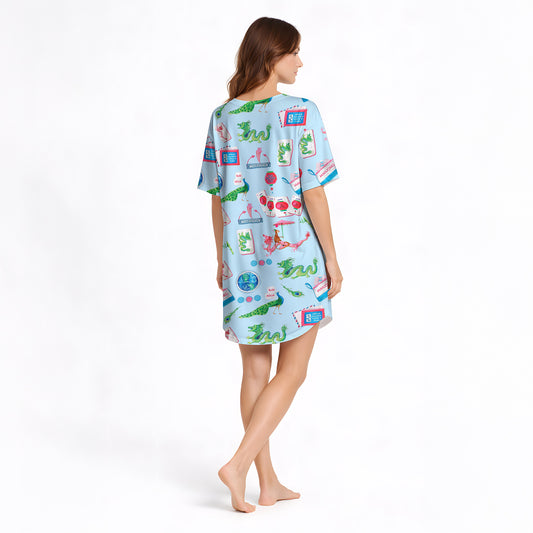 Women's Nightgown - V-Neck Short Sleeve: Whimsical Eastern Charm