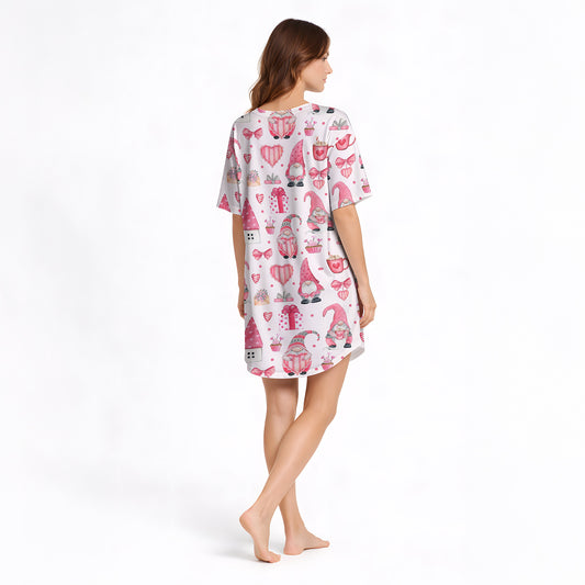 Whimsical Comfort: Women's Nightgown - V-Neck Short Sleeve with Gnome Print